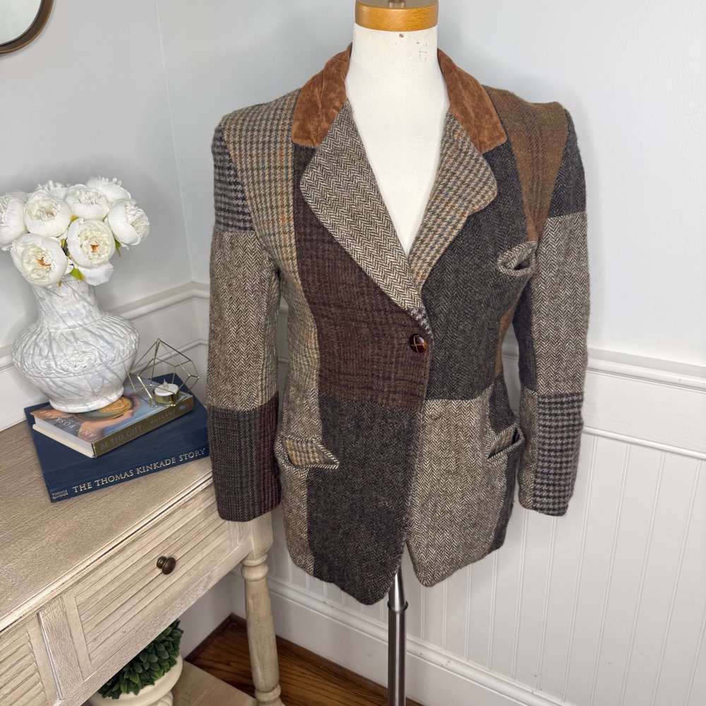 Charles Klein Vintage Patchwork Wool Blazer Brown Grey Plaid Herringbone Size 6